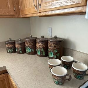 1960’s Vintage Treasure Craft Canisters, Coffee Mugs, Brown with Green Apples